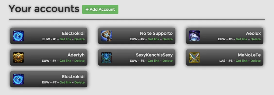 The old Your accounts page: a grid of League of Legends accounts, each with its region and Get link and Delete links