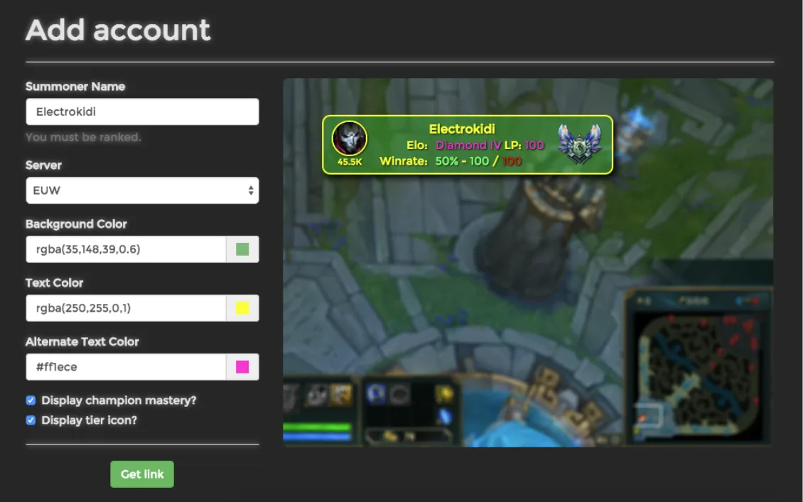 The old Add account form, with Summoner Name, Server and color fields next to a preview of the box over a League of Legends map