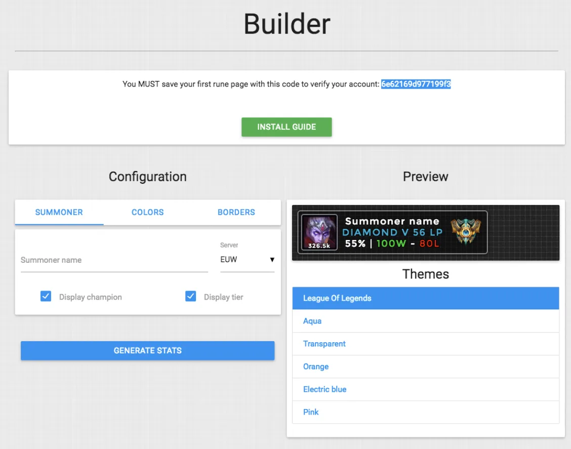 The old Builder page: a configuration form, a preview of the box and a list of themes