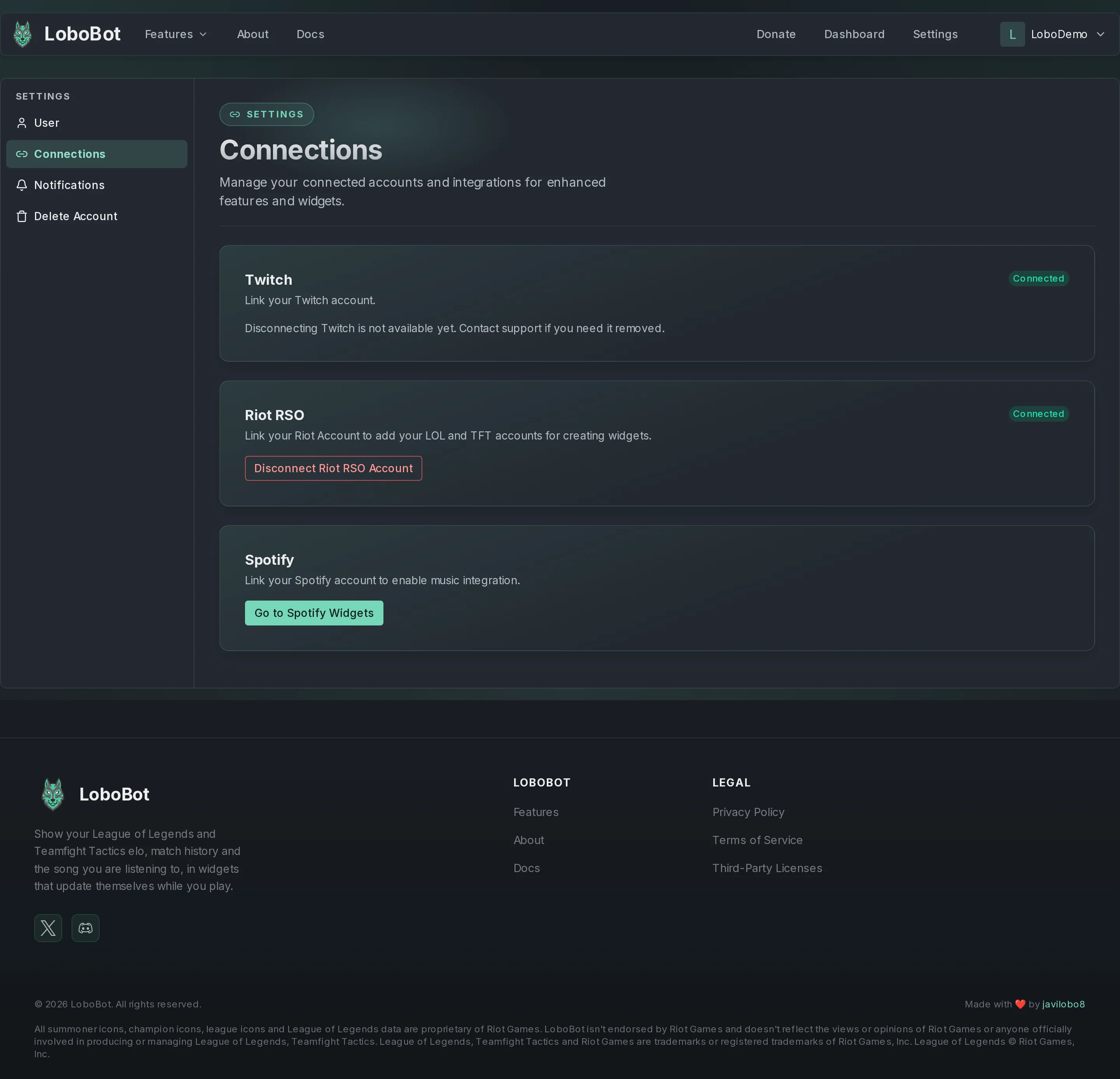 The Connections page: Twitch with a Connected badge and the note that disconnecting Twitch is not available yet, Riot RSO with a Connected badge and a Disconnect Riot RSO Account button, and Spotify with a Go to Spotify Widgets button