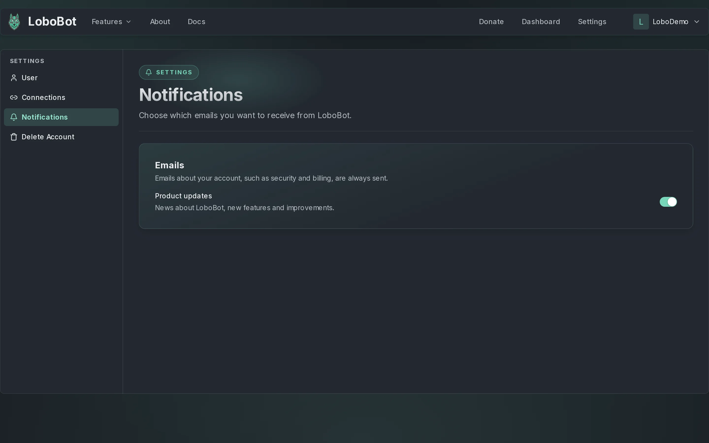 The Notifications settings page: the Emails section, which says account emails are always sent, and the Product updates switch turned on