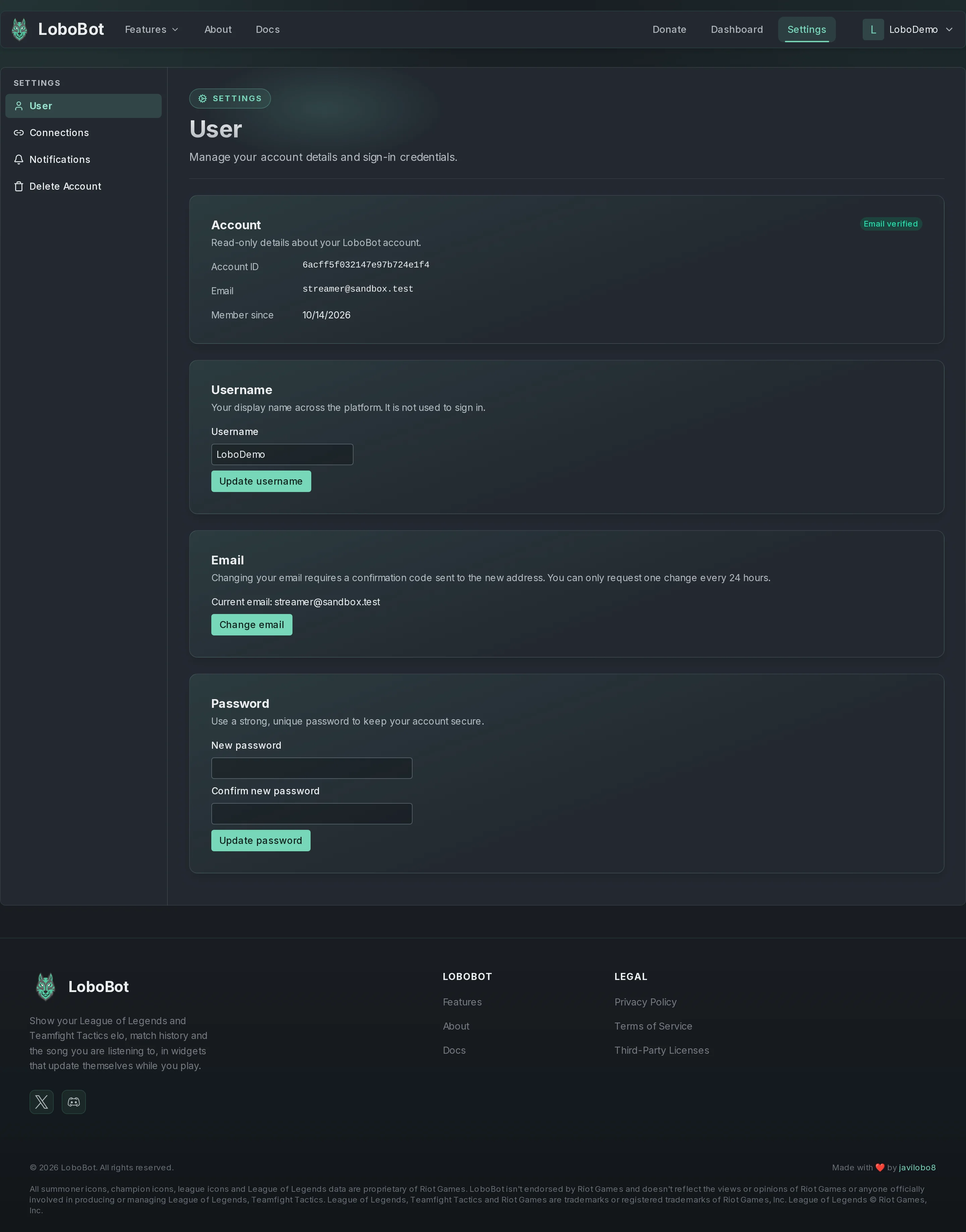 The User settings page: the Account section with the Account ID, Email, Member since and an Email verified badge, then the Username, Email and Password sections
