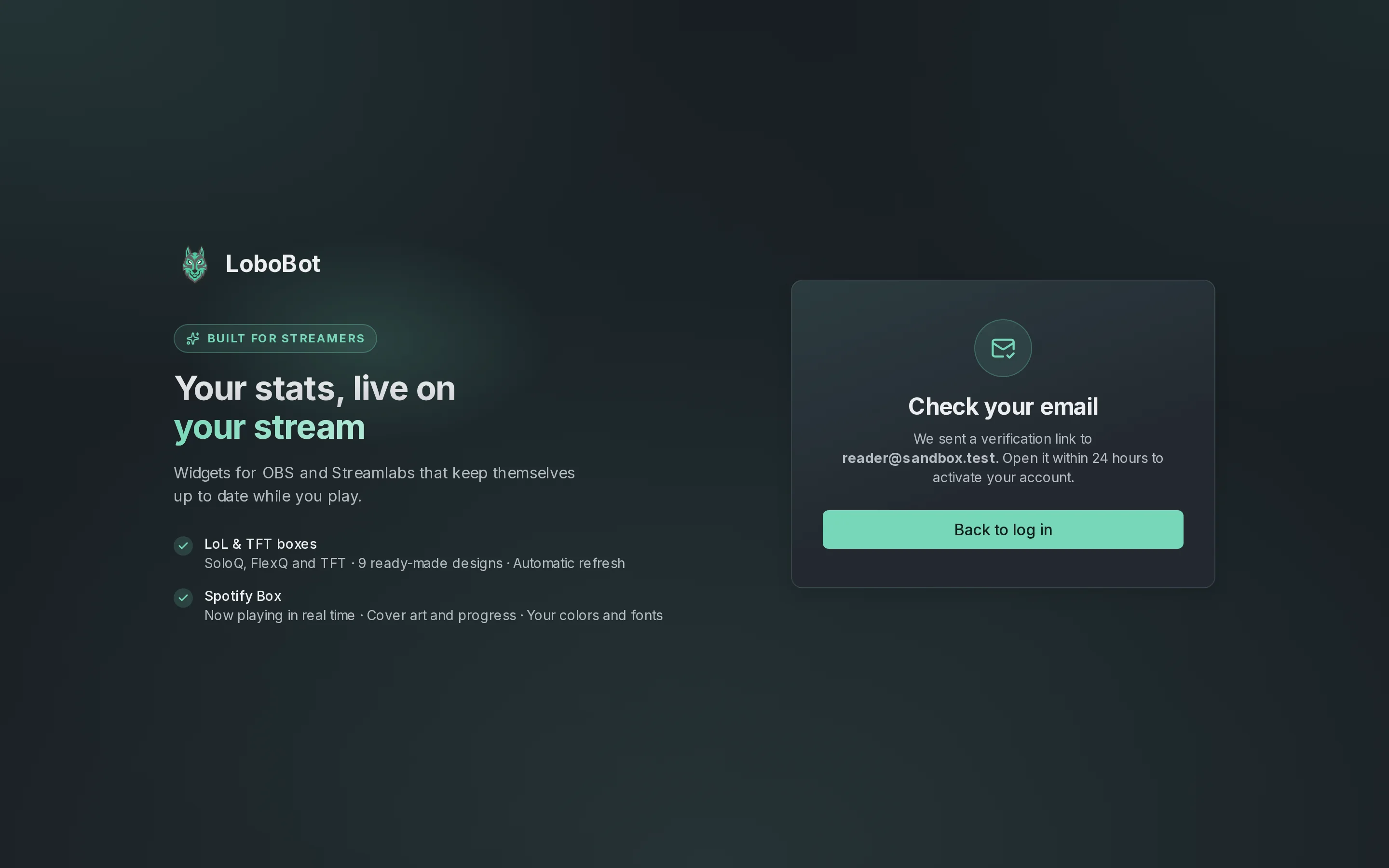 The Check your email message, saying a verification link was sent and must be opened within 24 hours, with a Back to log in button