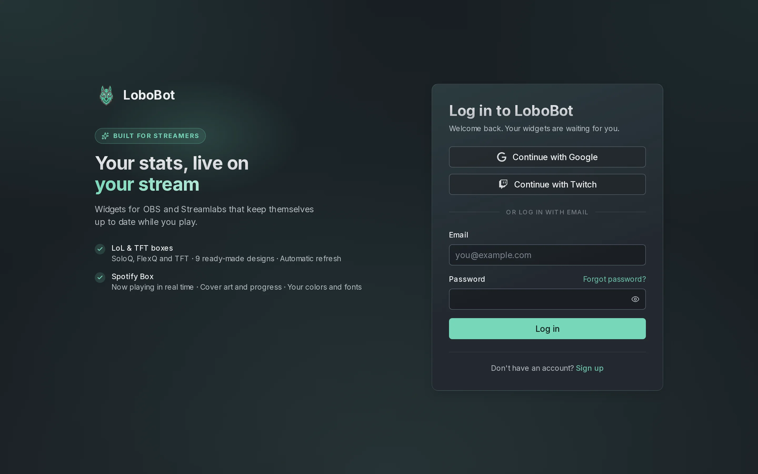 The Log in to LoboBot page, with Continue with Google, Continue with Twitch, and the Email and Password fields with a Forgot password? link