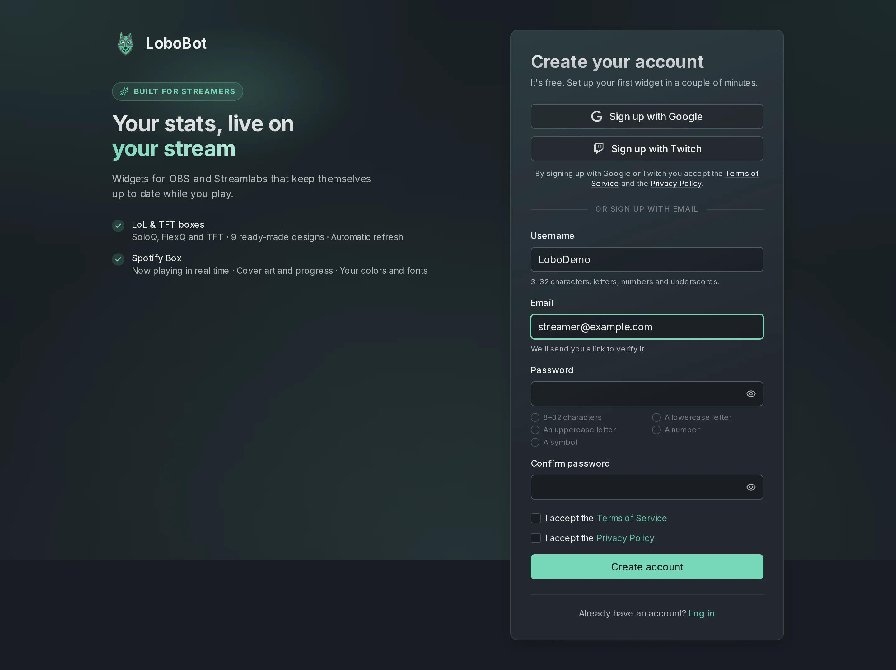 The Create your account form, with Sign up with Google and Sign up with Twitch at the top and the email form below: Username, Email, Password with its checklist, Confirm password and the two consent checkboxes