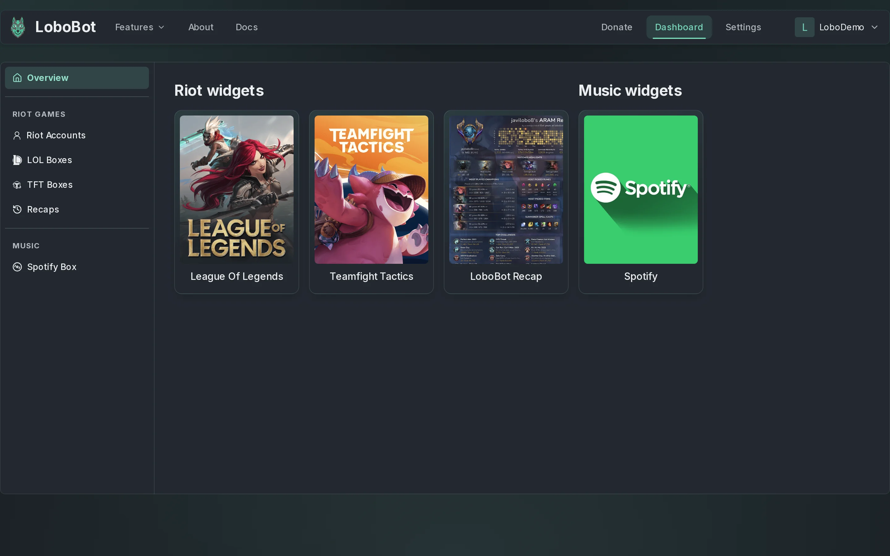 The LoboBot dashboard: a sidebar with Overview, Riot Accounts, LOL Boxes, TFT Boxes, Recaps and Spotify Box, next to cards for the Riot and music widgets
