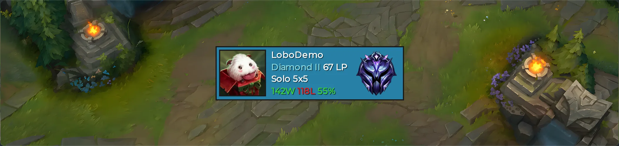 A v1 box over a League of Legends map: a blue card with the profile icon, LoboDemo, Diamond II 67 LP, Solo 5x5, 142W 118L 55% and the Diamond emblem
