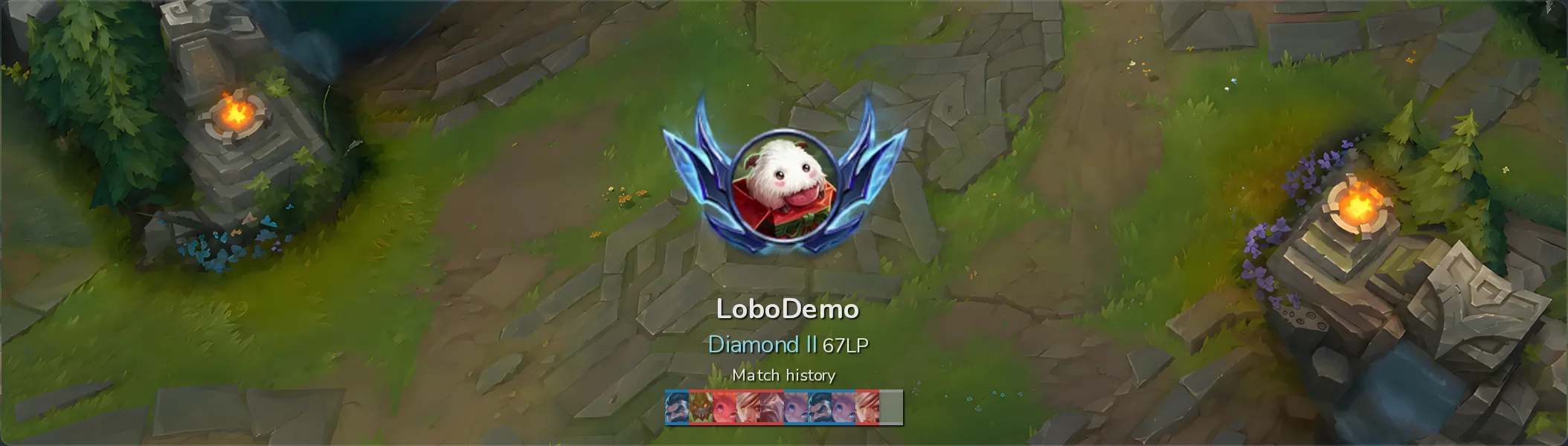 A v4 box over a League of Legends map: the animated Diamond emblem around the profile icon, LoboDemo, Diamond II 67LP, and a Match history strip of champion icons