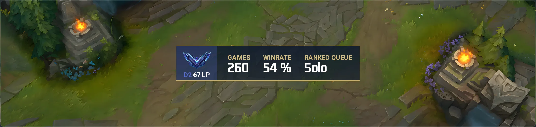 A v6 box over a League of Legends map: a banner with the Diamond emblem, D2 67 LP, and GAMES 260, WINRATE 54 % and RANKED QUEUE Solo
