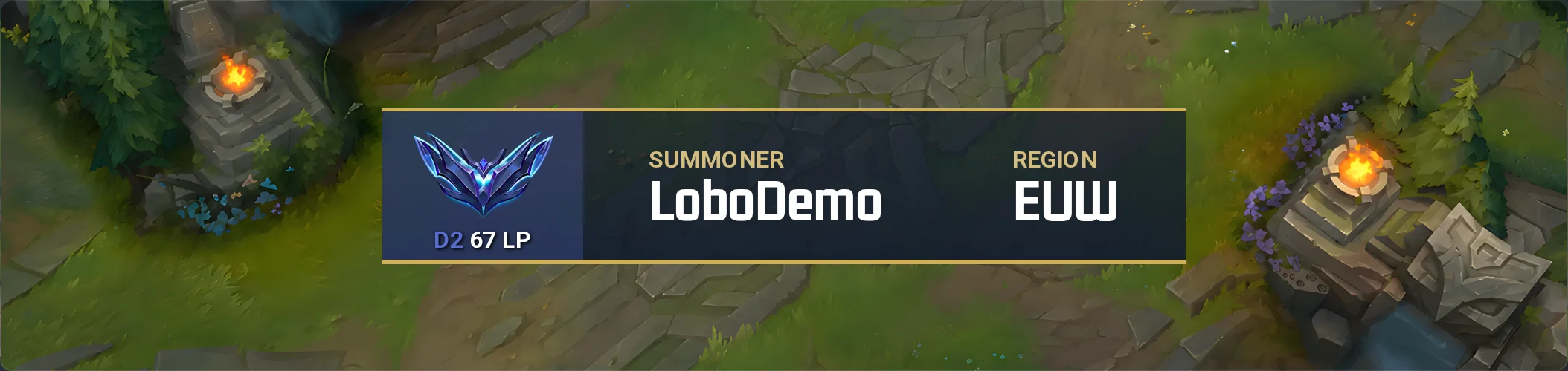 A v7 box over a League of Legends map: a banner with the Diamond emblem, D2 67 LP, and the SUMMONER LoboDemo and REGION EUW block