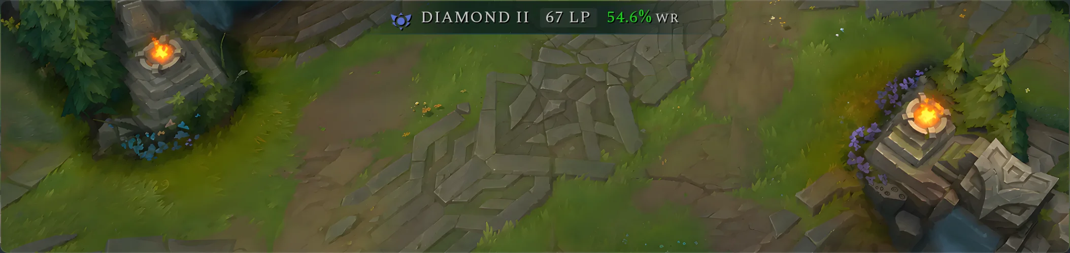 A v8 box over a League of Legends map: a slim bar at the top with the Diamond emblem, DIAMOND II, 67 LP and a 54.6% win rate