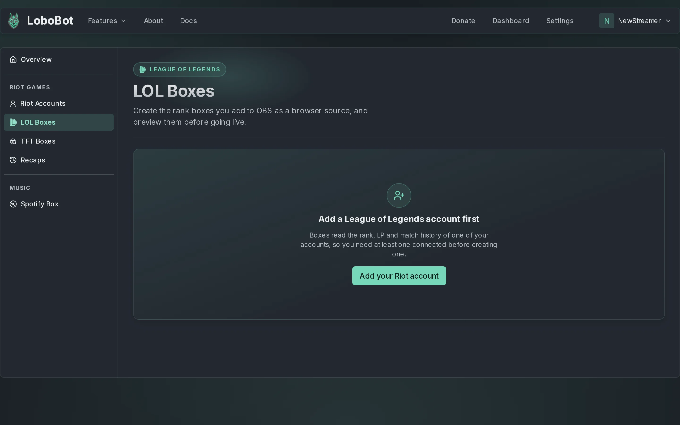 The LOL Boxes page with no account linked: Add a League of Legends account first, and an Add your Riot account button