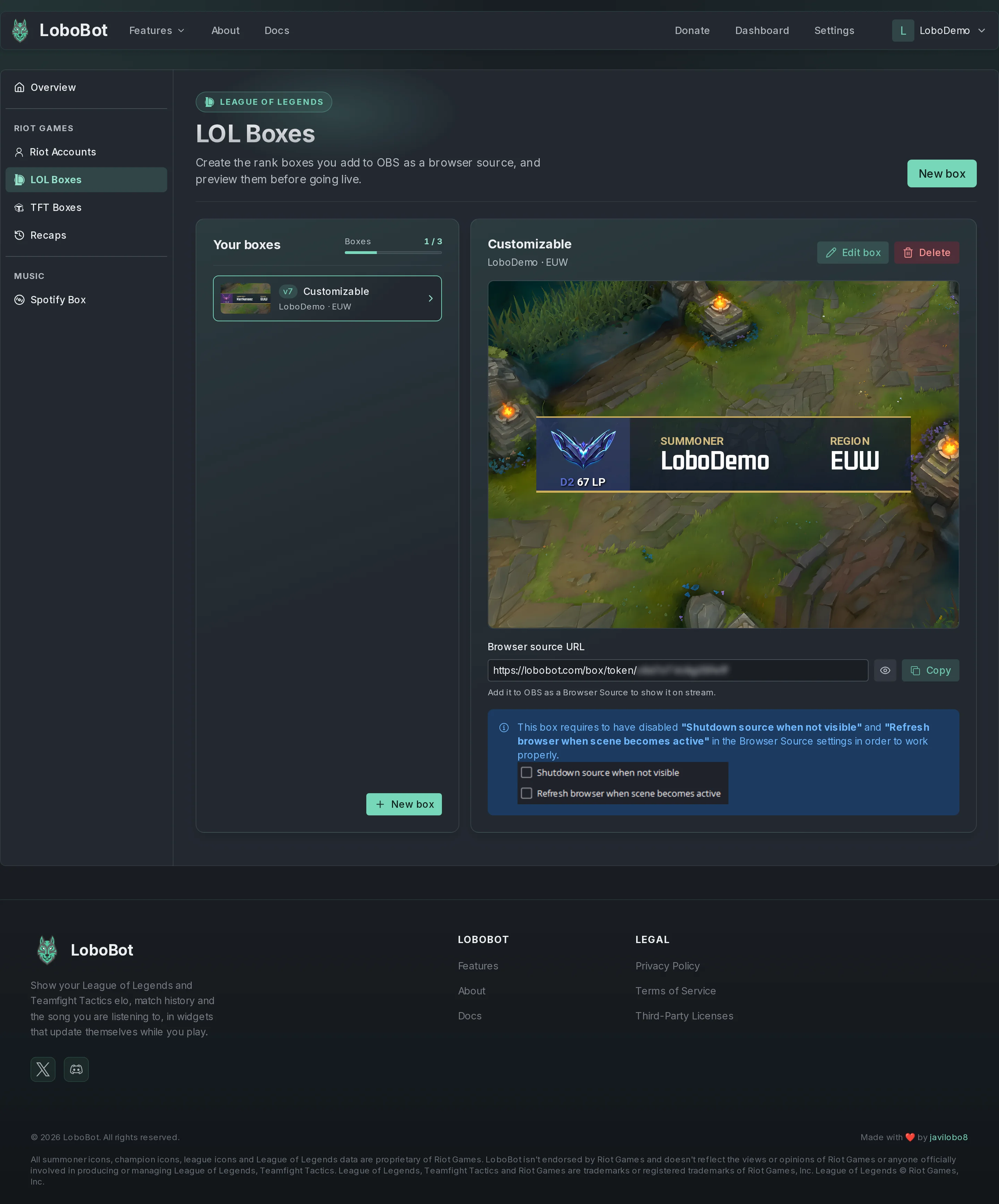 The LOL Boxes page with a v7 Customizable box selected: its preview, the Edit box and Delete buttons, the Browser source URL with the end blurred, and the notice about the two OBS settings