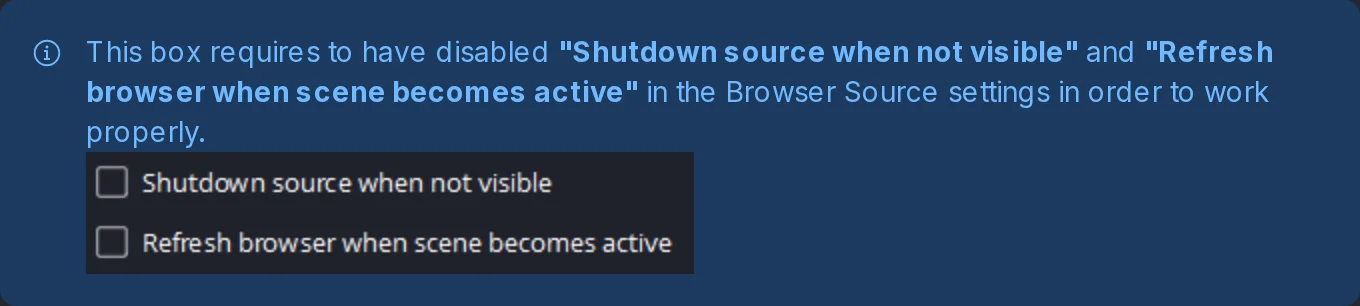 The dashboard notice for v6 and v7 boxes, asking to disable Shutdown source when not visible and Refresh browser when scene becomes active in the Browser Source settings