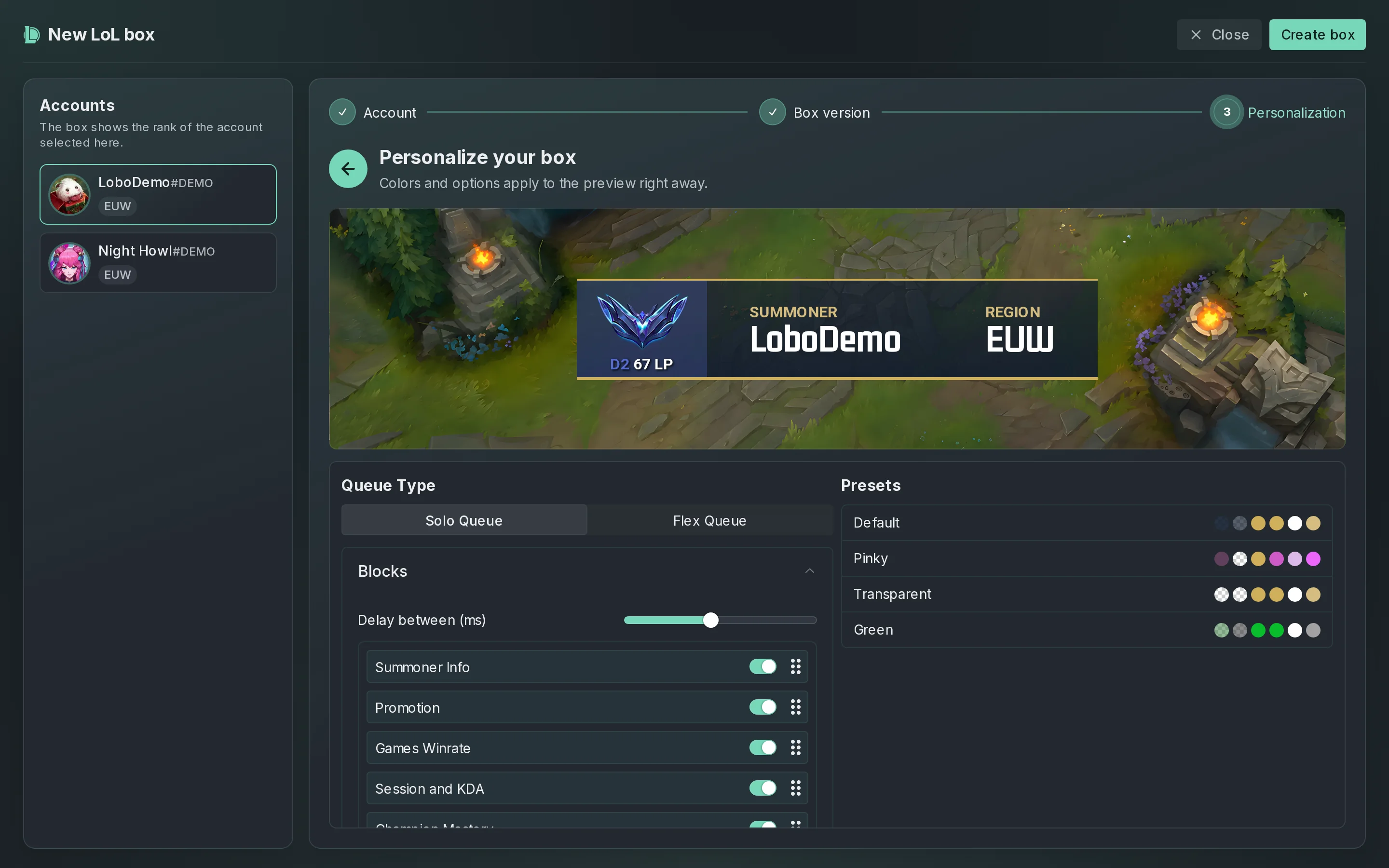 The Personalization step of a v7 box: the preview over a League of Legends map, Queue Type with Solo Queue selected, the Blocks list with its toggles, and the Default, Pinky, Transparent and Green presets