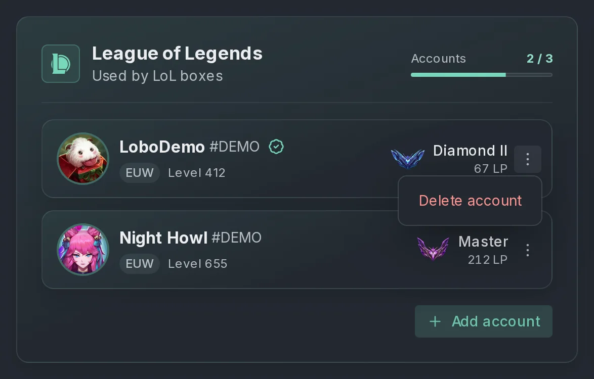 The League of Legends card with the three-dot menu of LoboDemo#DEMO open on Delete account