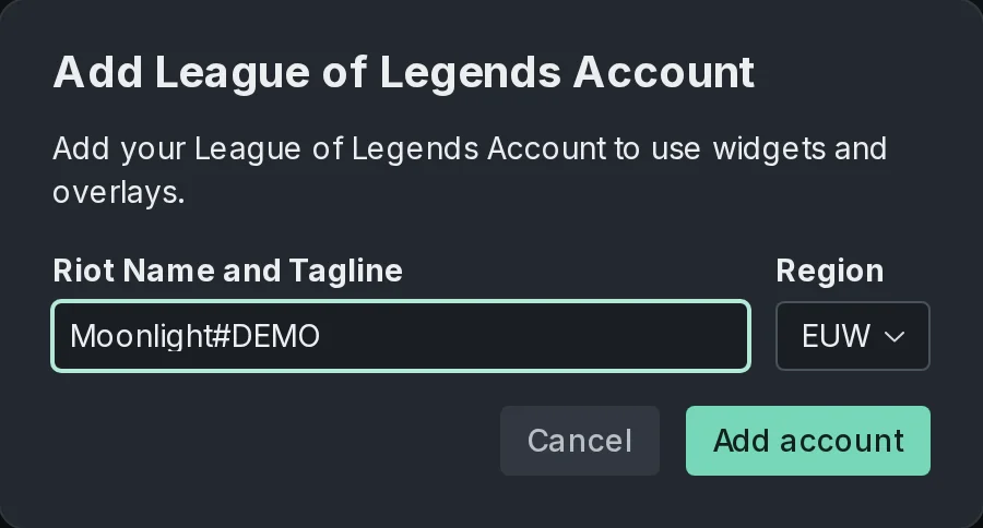 The Add League of Legends Account dialog, with Moonlight#DEMO in Riot Name and Tagline, EUW in Region, and the Cancel and Add account buttons