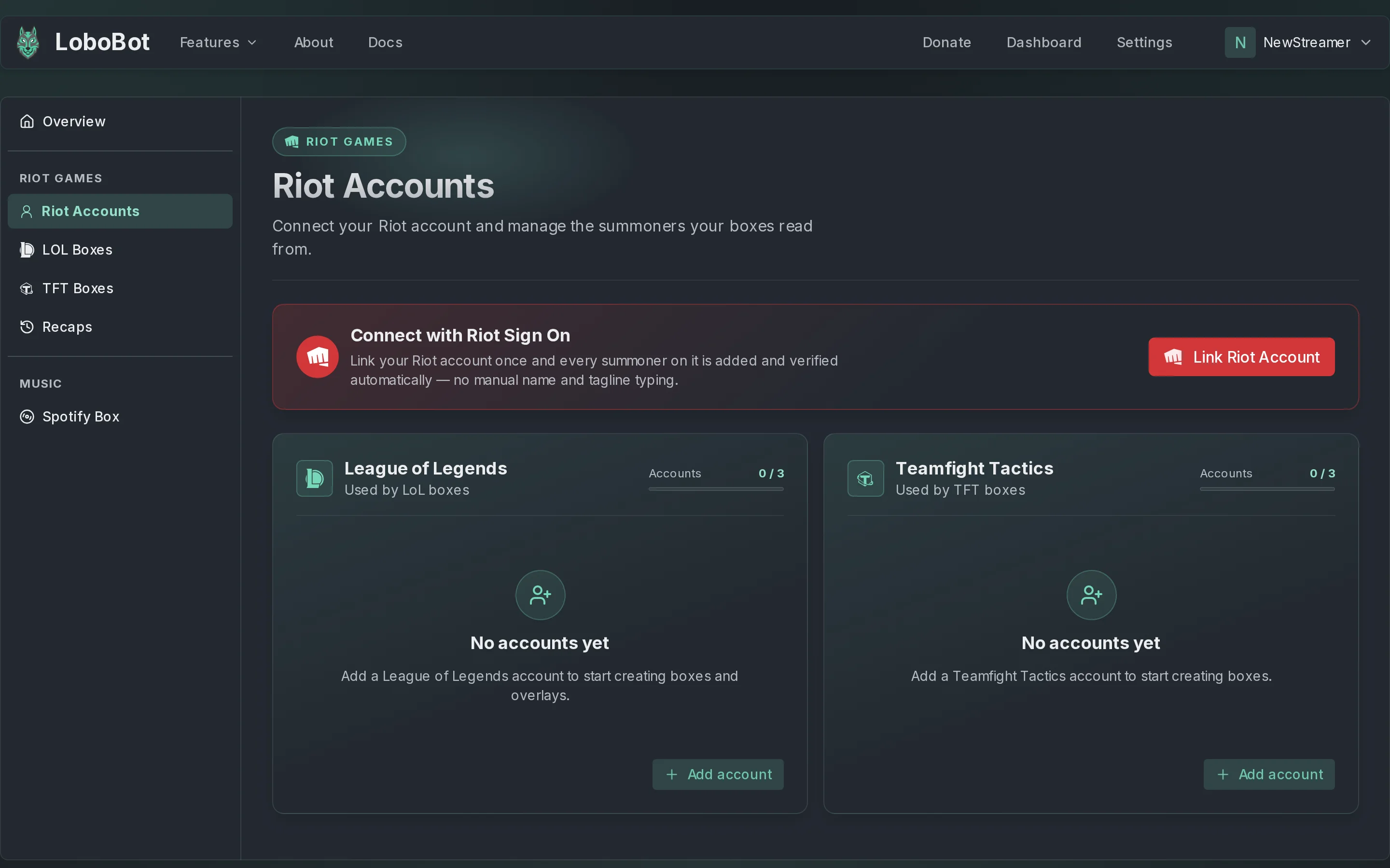 The Riot Accounts page before linking anything: the Connect with Riot Sign On panel with its Link Riot Account button, and the League of Legends and Teamfight Tactics cards, each with No accounts yet, an Accounts meter at 0 / 3 and an Add account button