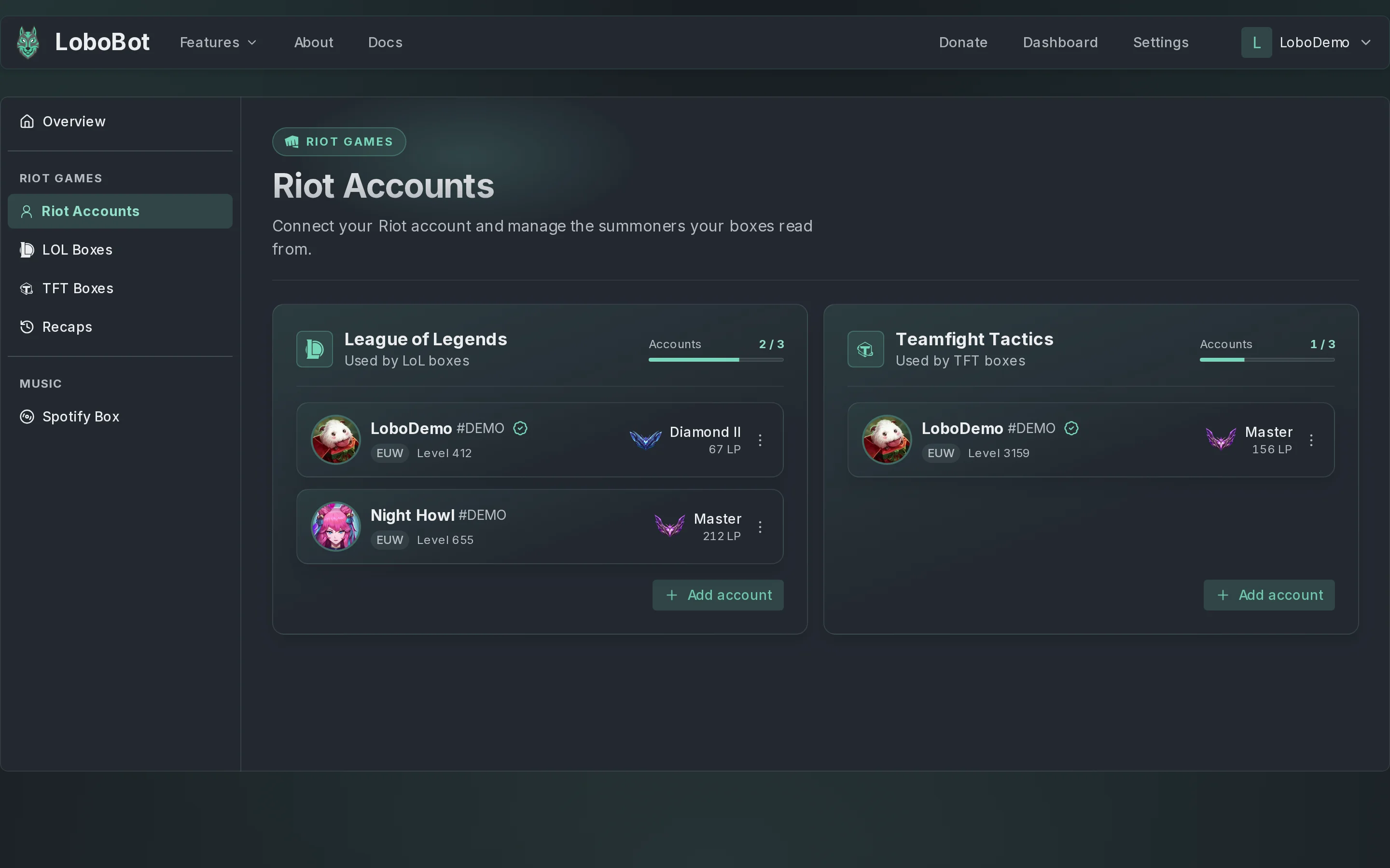 The Riot Accounts page with LoboDemo#DEMO and Night Howl#DEMO under League of Legends and LoboDemo#DEMO under Teamfight Tactics, each card showing the region, level and rank, and the verified badge next to the Riot Sign On accounts