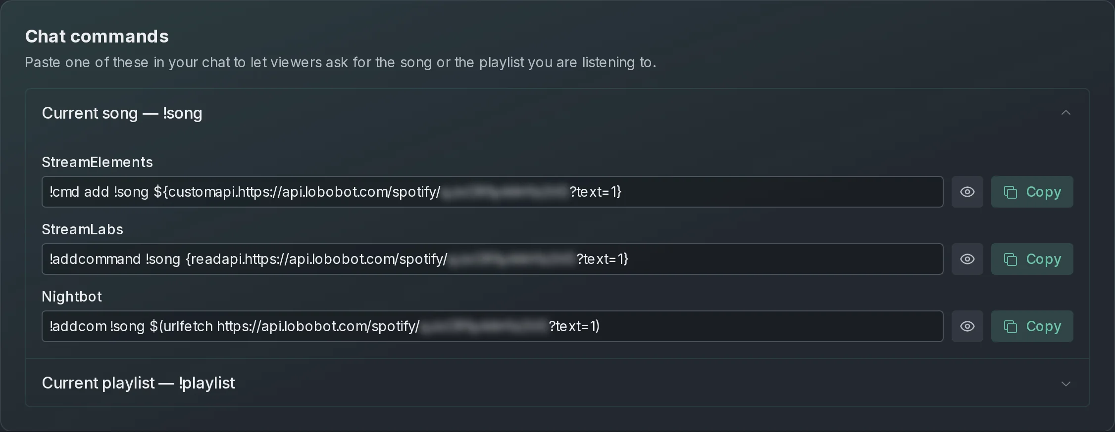 The Chat commands panel with Current song — !song open, showing the StreamElements, StreamLabs and Nightbot commands with their private part blurred, each with a Copy button, and Current playlist — !playlist below