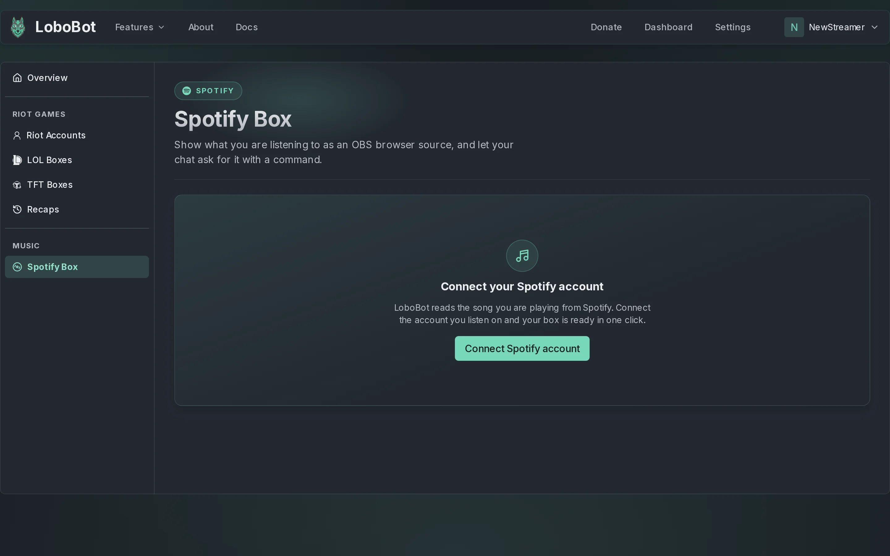 The Spotify Box page before connecting: Connect your Spotify account, with a Connect Spotify account button