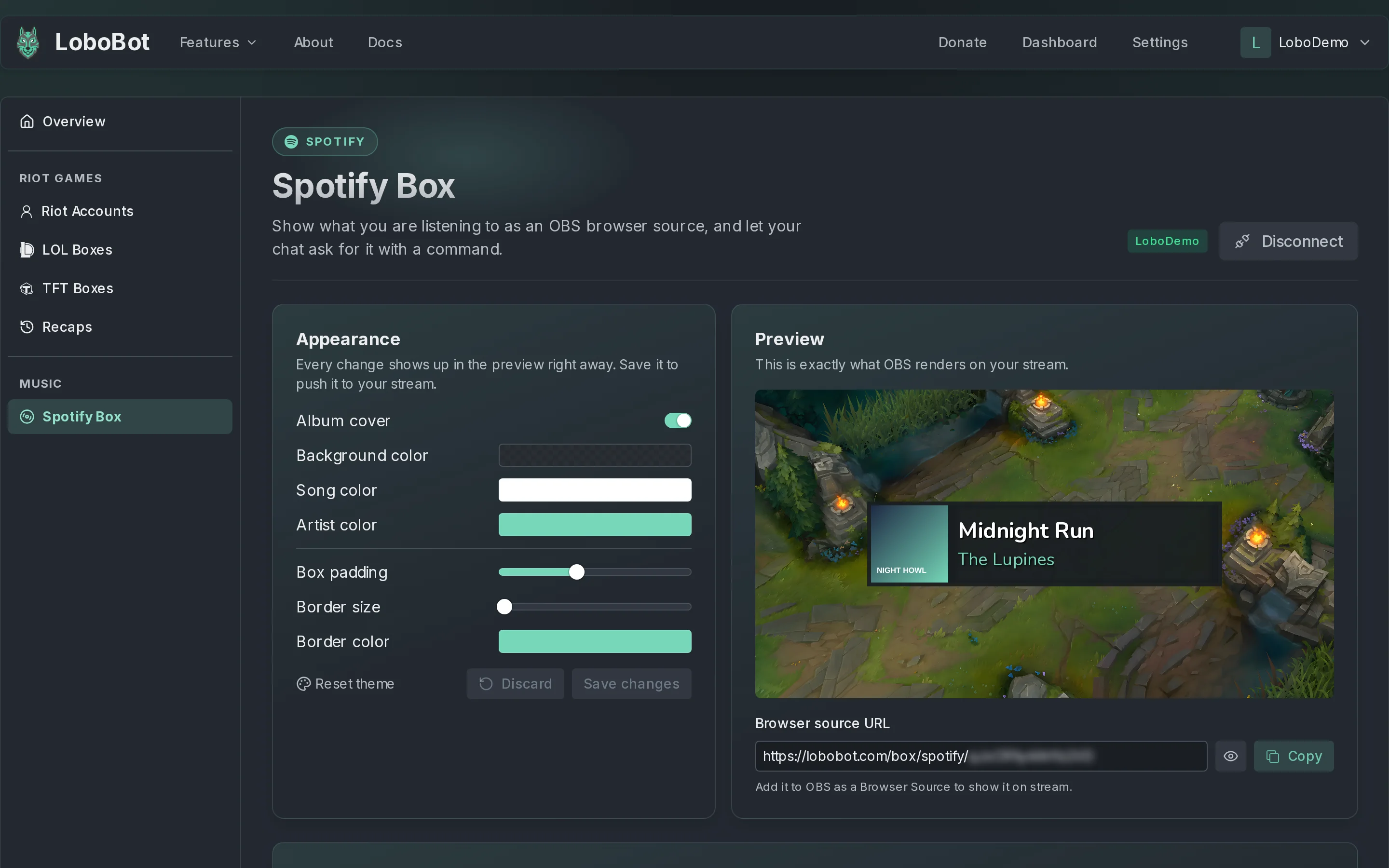 The Spotify Box page: the Appearance panel with its options and the Reset theme, Discard and Save changes buttons, next to the Preview over a League of Legends map and the Browser source URL with the end blurred