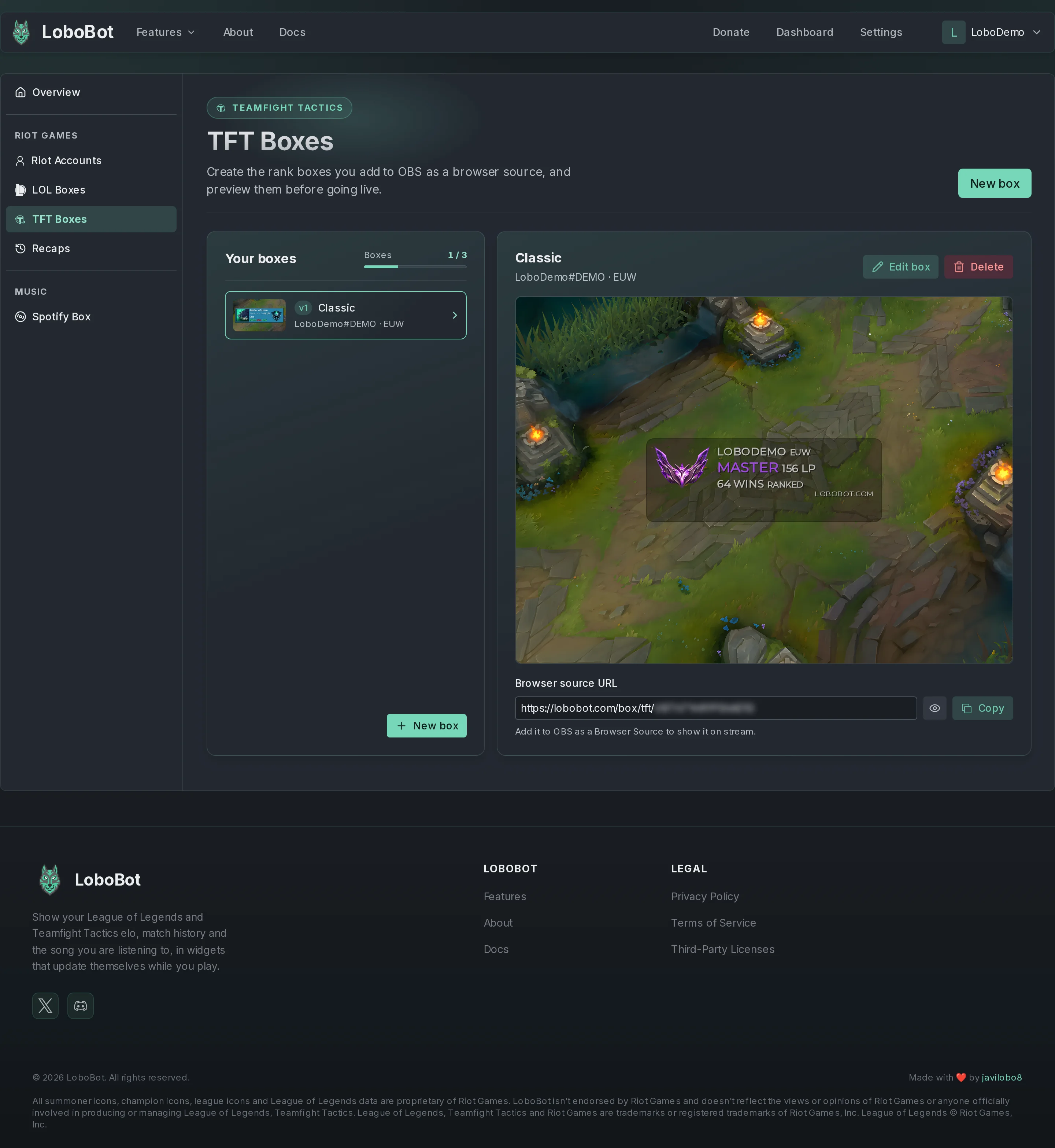 The TFT Boxes page with the Classic box selected: its preview, the Edit box and Delete buttons, and the Browser source URL starting with https://lobobot.com/box/tft/ and the end blurred