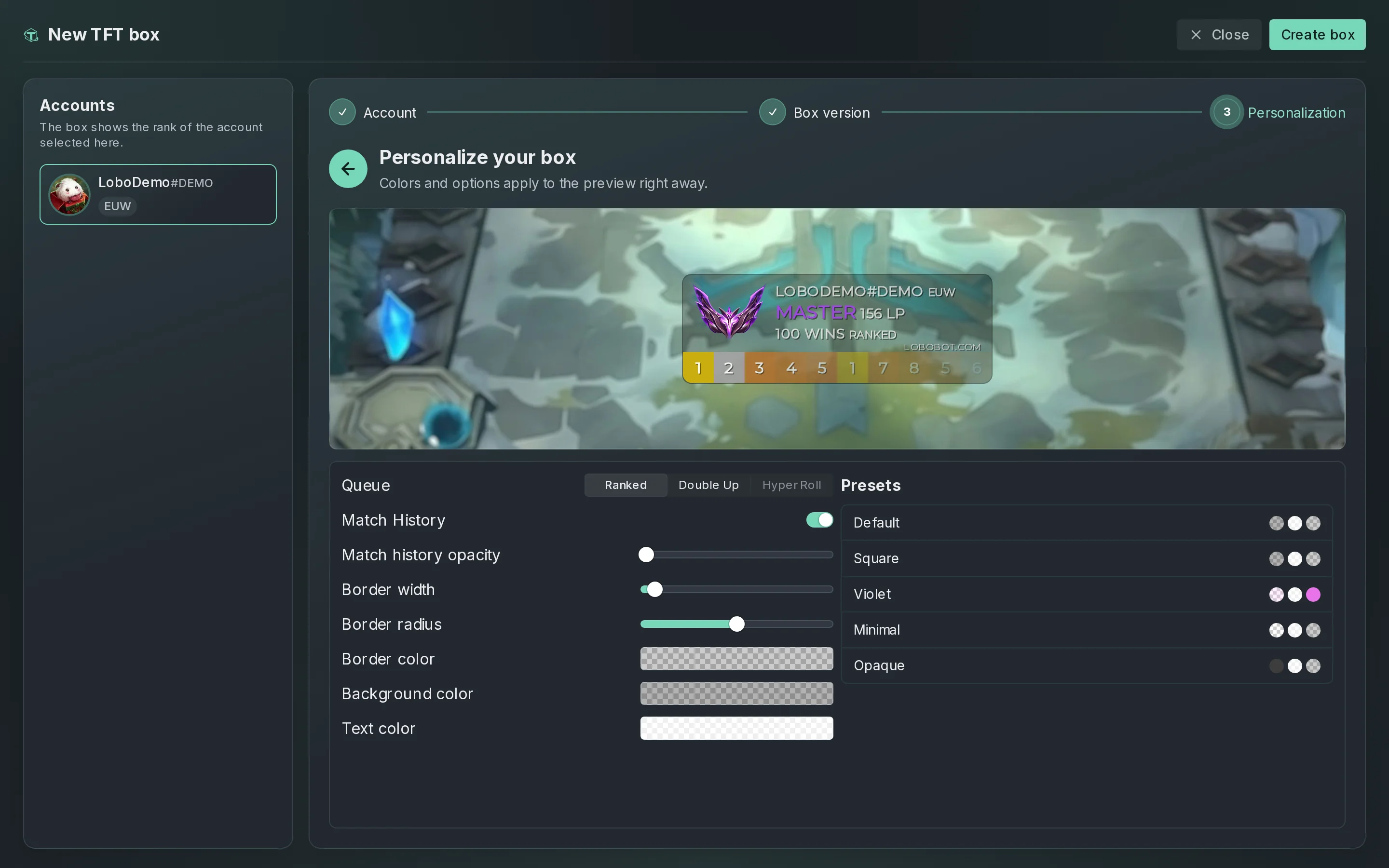 The New TFT box editor on the Personalization step: the preview with LOBODEMO#DEMO EUW, MASTER 156 LP, 100 WINS RANKED and a row of placements, the options below it, and the Default, Square, Violet, Minimal and Opaque presets